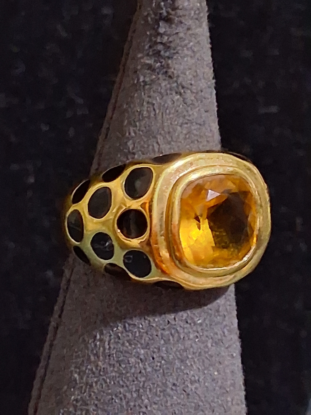 PJM Vintage 925 Silver Gold Vermeil Citrine Cheetah Spotted Dome Cocktail Ring